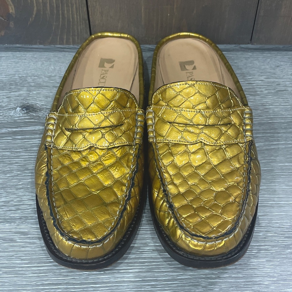 Pascucci Gold Leather Penny Loafer Mules Slides Handmade In Italy 39 MSRP $275